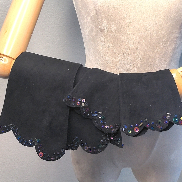 Black Suede Gloves Arm Sleeves Gauntlet Sequined Elegant 4pc Set Vintage SZ S - Picture 5 of 15